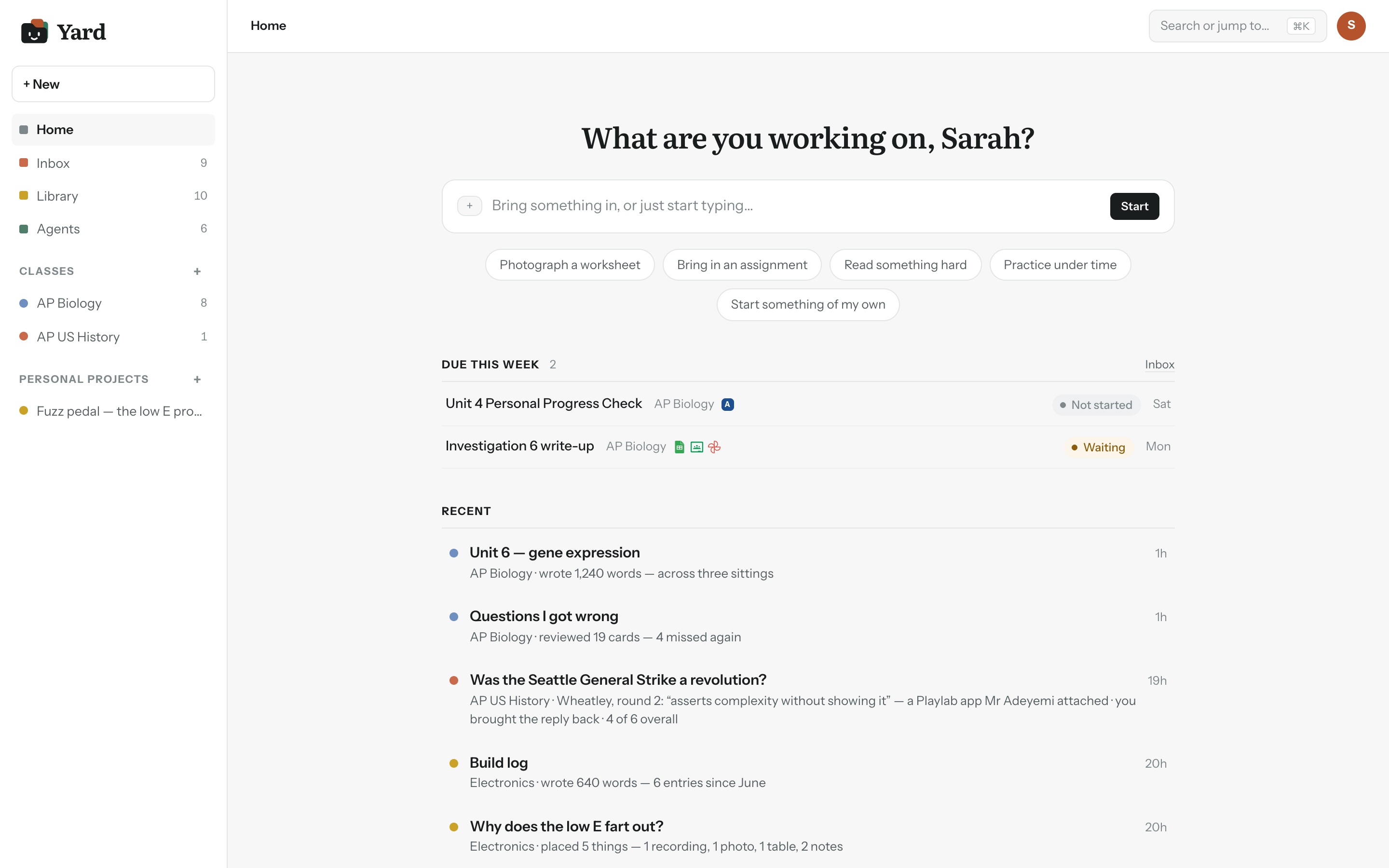 Yard's home screen: classes and personal projects in the sidebar, ways to start work, what's due this week and recent work.