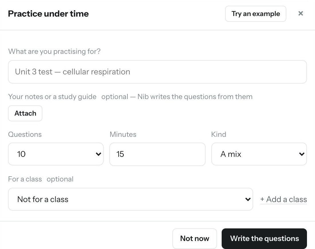 The Practice under time dialog: what you&rsquo;re practising for, your notes, number of questions, minutes and question type.